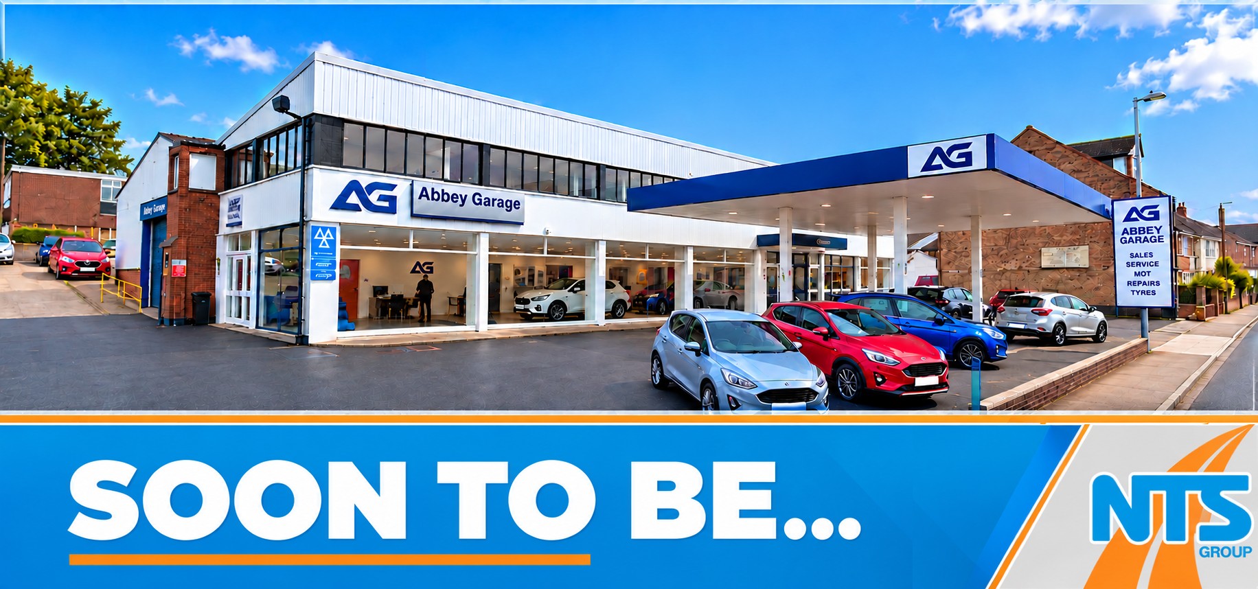 Abbey Garage forecourt and showroom, marked 'Soon to be...' with the NTS Group logo, ahead of its transition into the NTS Group network.
