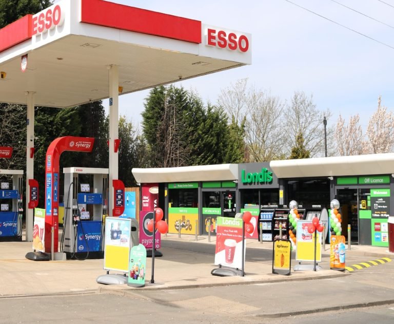 An NTS Group forecourt with Esso fuel and a Londis convenience store.