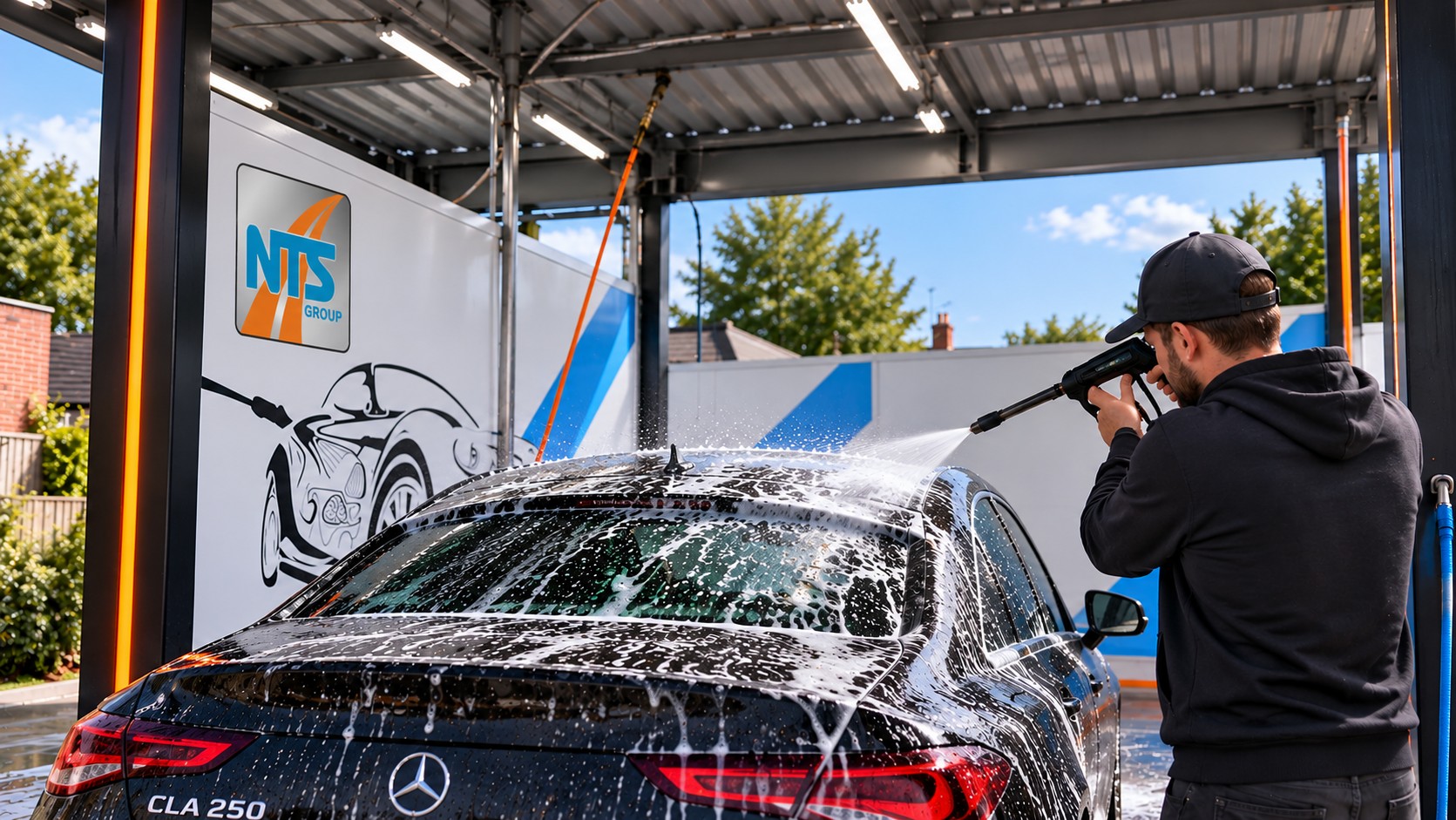 A customer using the pressure washer to wash a car in an NTS jet wash bay, with the NTS Group branding on the wall behind.
