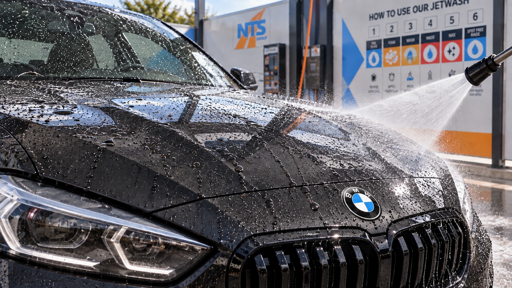 Close-up of a jet wash lance rinsing a car's bonnet, with the NTS Group branding and step-by-step wash instructions on the facility wall behind.