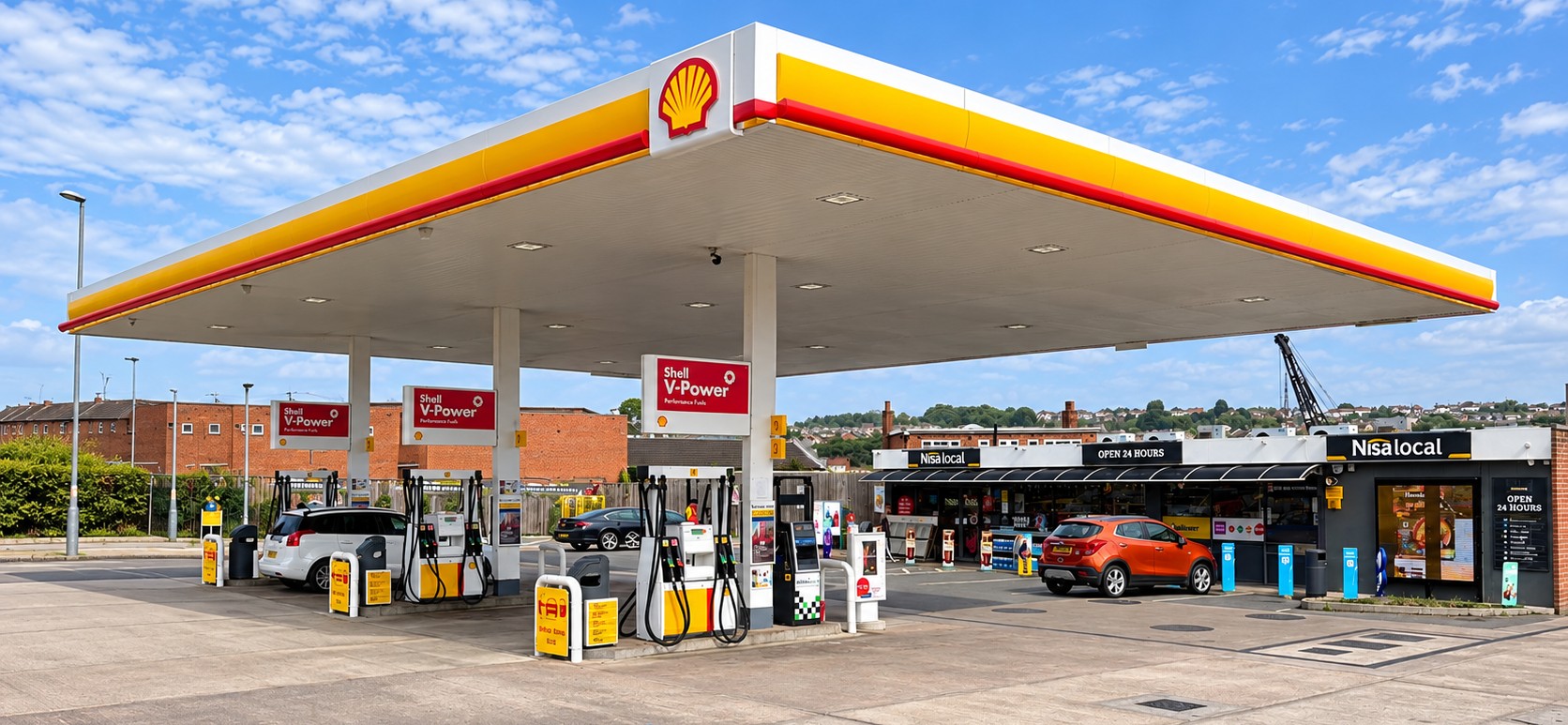 The NTS Mill Hill forecourt, a Shell-branded fuel station with a Nisa Local convenience store open 24 hours.