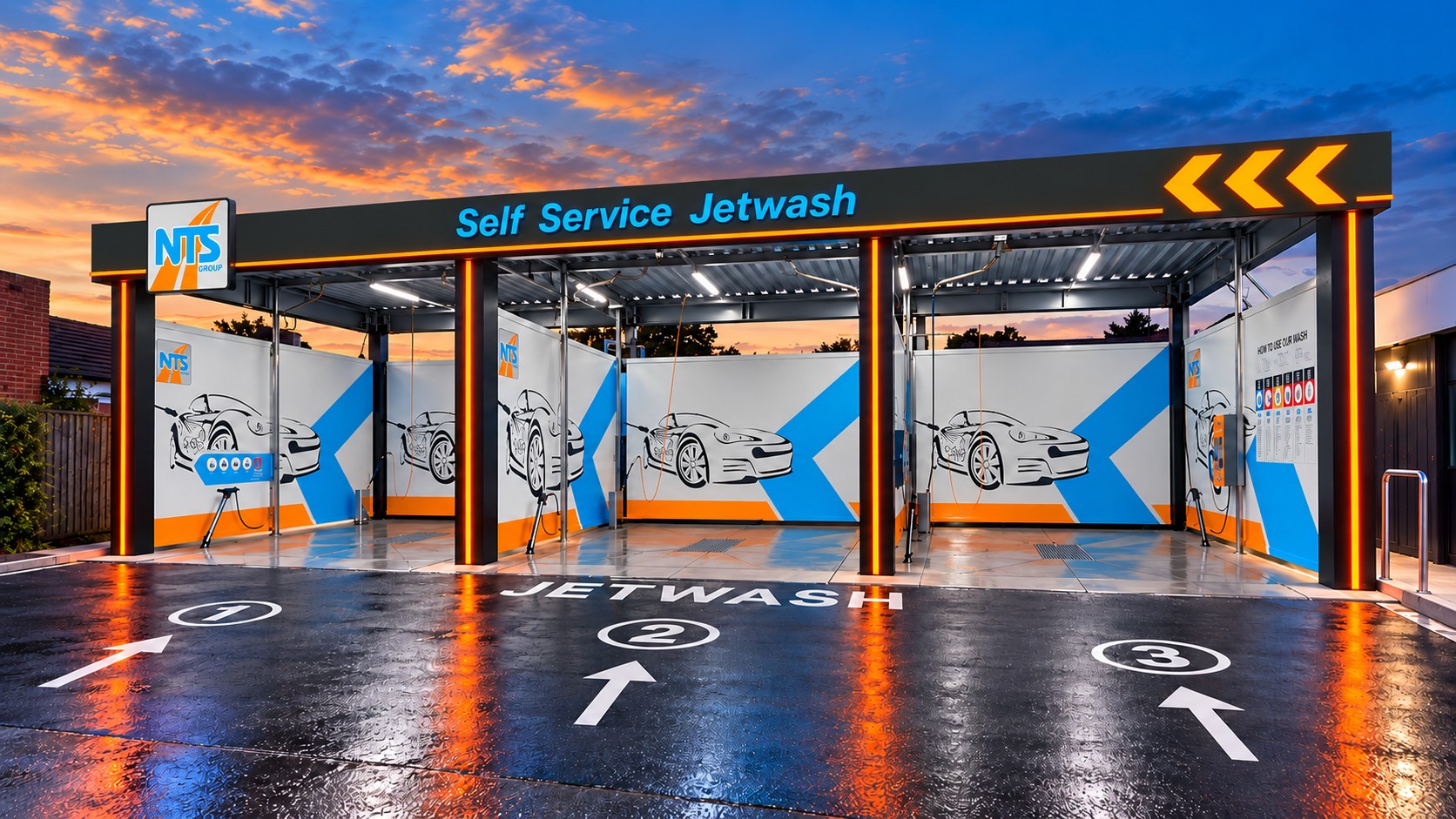 The new NTS Group self-service jet wash at dusk, showing all three wash bays with NTS branding across the full width of the facility.